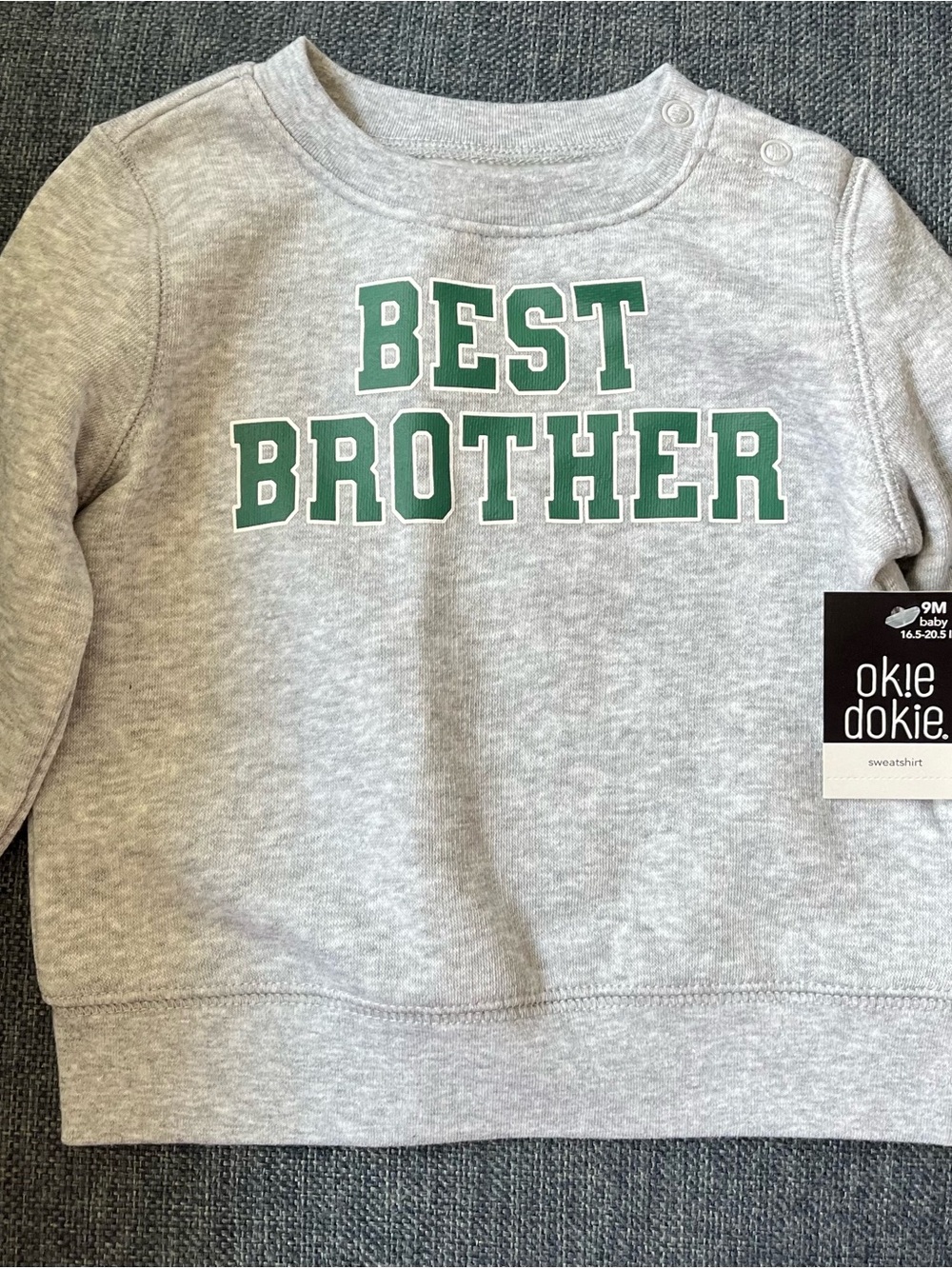 okie dokie Gray Sweatshirt with Green "Best Brother" Lettering
